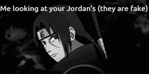 Anime Character With Red Eyes Looking at Fake Jordans
