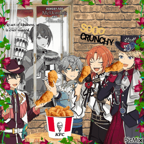 Anime Characters Eating Fried Chicken in Front of KFC Bucket