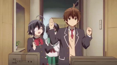 Anime Characters High-Fiving in Room With Boxes