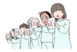 Anime Characters Holding Papers with Red Xs