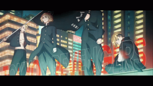 Anime Characters In Front Of Building With Revengers GIF