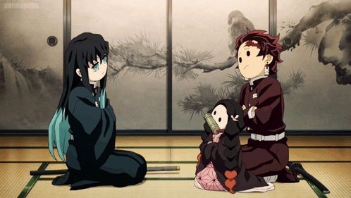 Anime Characters Sitting, One Holding Small Doll