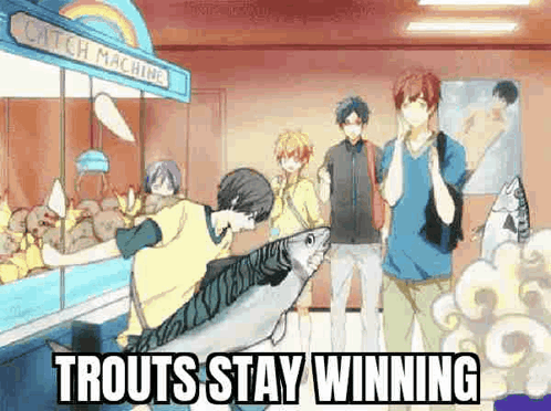 Anime Characters Standing Around Claw Machine With Large Fish