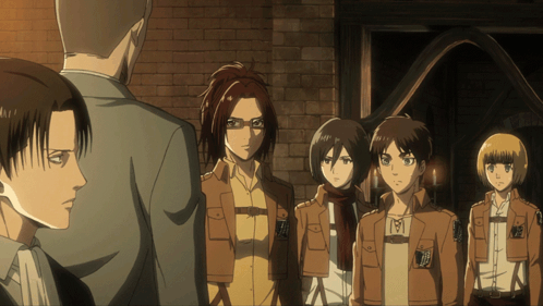 Anime Characters Standing In Front Of Brick Wall With Man In Suit GIF