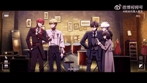 Anime Characters Standing in Front of Drum Set With Recorder
