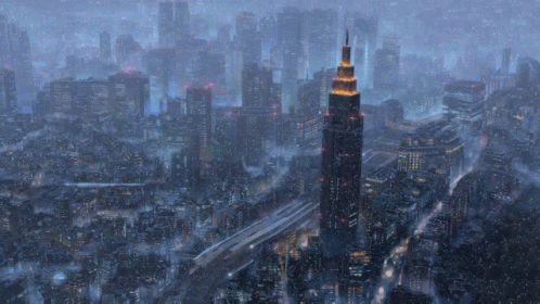 Anime City Rain Snow GIF