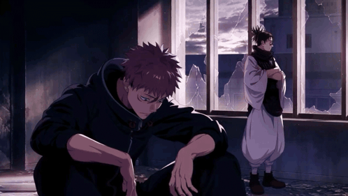 Anime Couple Sitting By Broken Window GIF