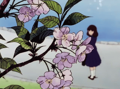 Girl Looking At Anime Flower GIF