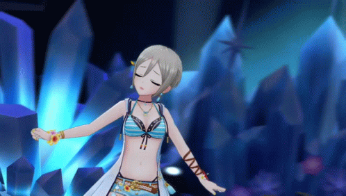 Anime Girl in Bikini Dancing on Blue Background