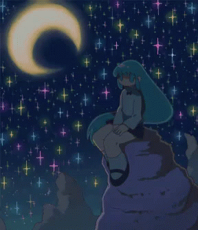 Anime Girl Watching Stars And Moon Linda Noche GIF
