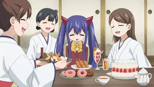 Anime Girls Gathering Around Food GIF