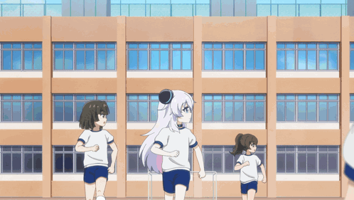 Anime Girls Running in Front of Building