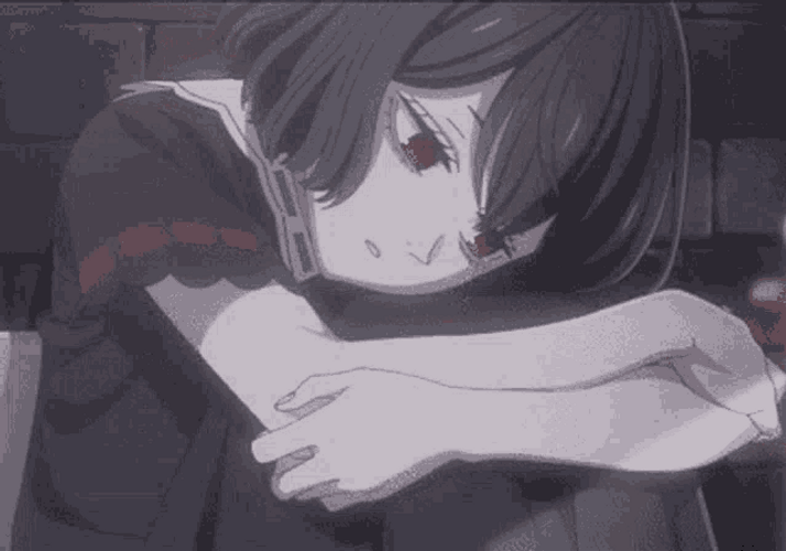 anime girl hugging knees