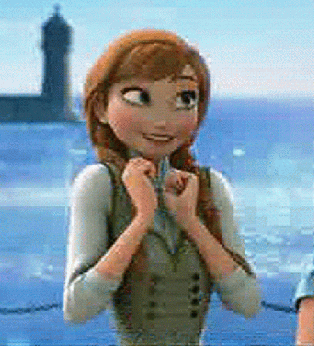 Anna From Frozen Is Standing In Front Of A Body Of Water And Smiling GIF