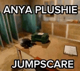 Anya Plushie Jumpscare Is A Meme With A Picture Of A Desk . GIF