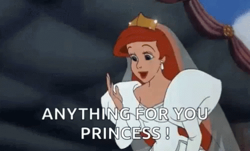 Ariel From The Little Mermaid Is Wearing A Wedding Dress And Tiara And Saying `` Anything For You Princess '' . GIF