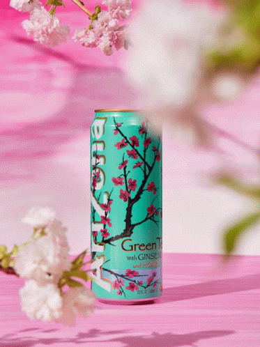 Arizona Green Tea Can With Ginseng And Honey On Pink Table GIF