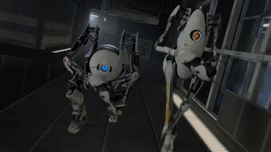 Armed Atlas And P-Body Attacking Portal 2 GIF