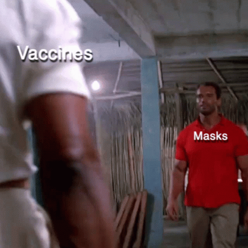 Arnold Schwarzenegger In Red Shirt Vaccines And Masks GIF
