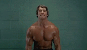 Arnold Schwarzenegger Is Lifting Dumbbells In Front Of A Green Wall . GIF
