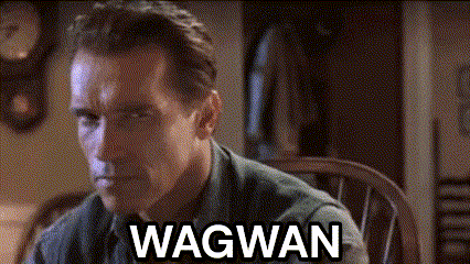 Arnold Schwarzenegger Is Sitting In A Chair With The Word Wagwan Written On His Chest GIF