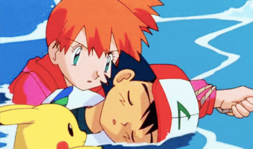 Ash And Misty Laying In Water GIF