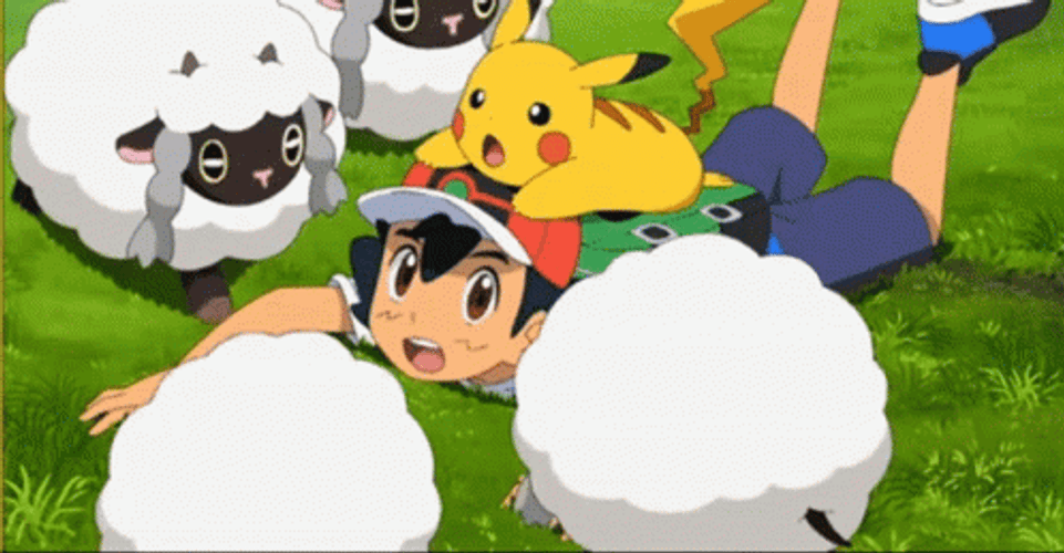 Ash And Pikachu Surrounded By Many Wooloo GIF