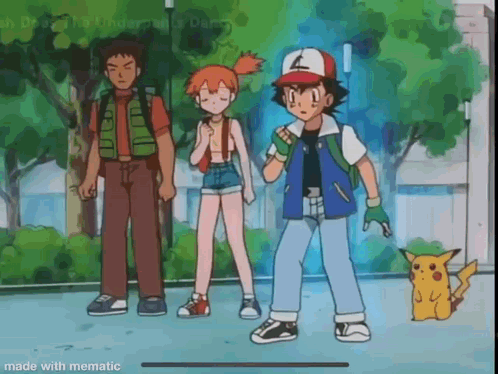 Ash , Misty , And Pikachu Are Standing Next To Each Other On A Sidewalk In A Park . GIF