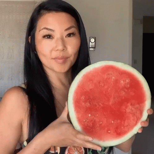 Asian Lady Holding Watermelon Fruit GIF