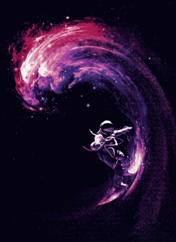 Astronaut Riding Wave in Purple Space