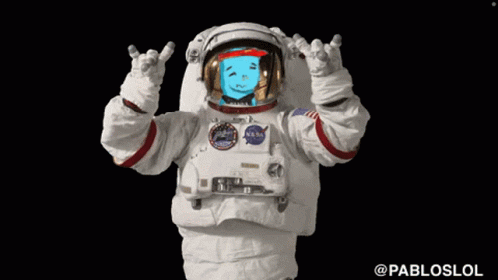 Astronaut with Blue Face Making Rock Sign