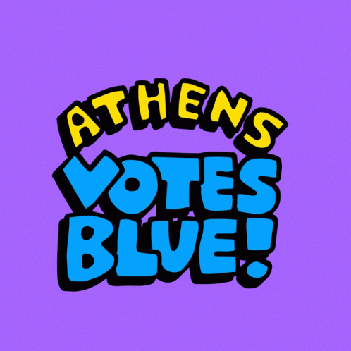 Athens Votes Blue Is Written In Blue And Yellow On A Purple Background GIF