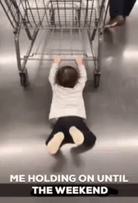 Baby Crawling Next to Shopping Cart Me Holding On Until The Weekend