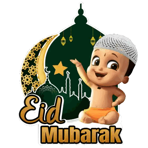 Baby Eid Mubarak Beside Green Mosque