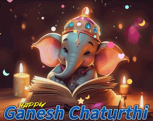 Baby Elephant Reading Book Happy Ganesh Chaturthi