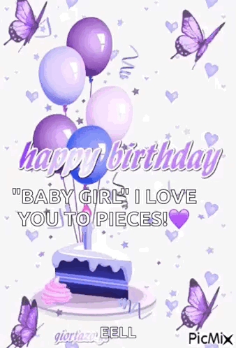 Baby Girl Birthday Card with Balloons and Butterflies