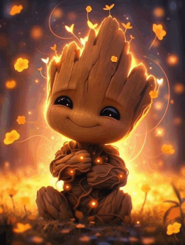 Baby Groot Surrounded by Flowers