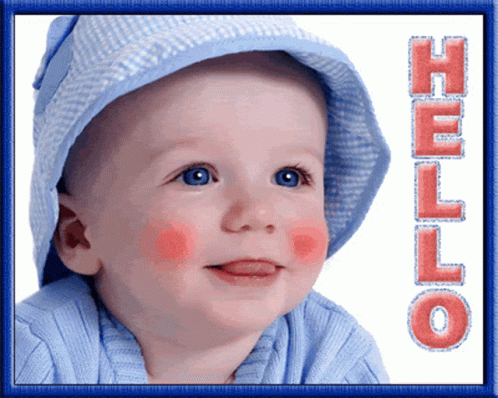Baby In Blue Hat Smiling Next To Hello Sign GIF