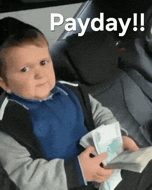 Baby In Car Seat Holding Money Saying Payday GIF