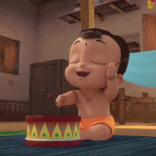 Baby in Diaper Playing Drum With Eyes Closed