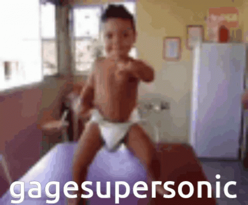 Baby in Diaper Standing on Purple Ball Gagesupersonic