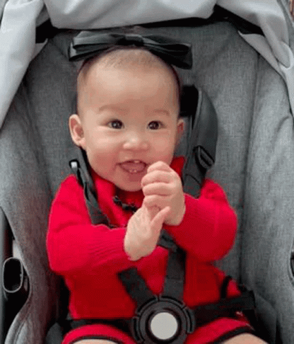 Baby in Stroller With Red Sweater and Bow