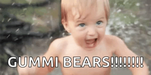 Baby Shirtless in Water Saying Gummi Bears