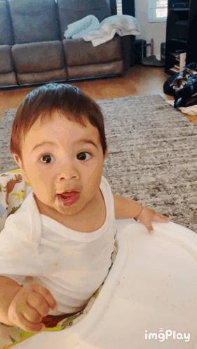 Baby Sitting in High Chair With Dirty Face Imgplay