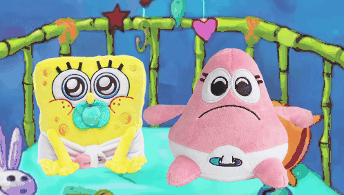 Baby SpongeBob and Baby Patrick Star Sitting on Bed