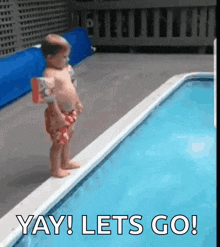 Baby Standing at Pool Edge Saying Yay Lets Go