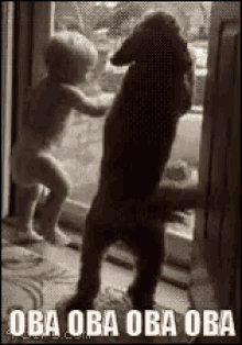 Baby Standing Next To Dog In Black And White GIF