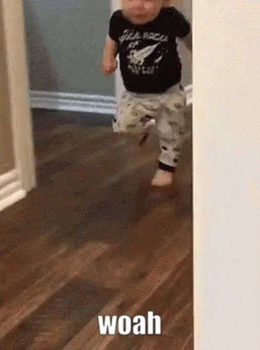 Baby Walking On Wooden Floor With Woah GIF