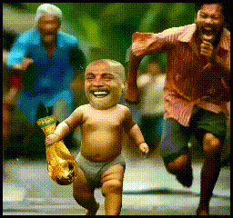 Baby With Face on Head Running With Trophy