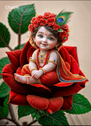 Baby with Peacock Feather on Rose